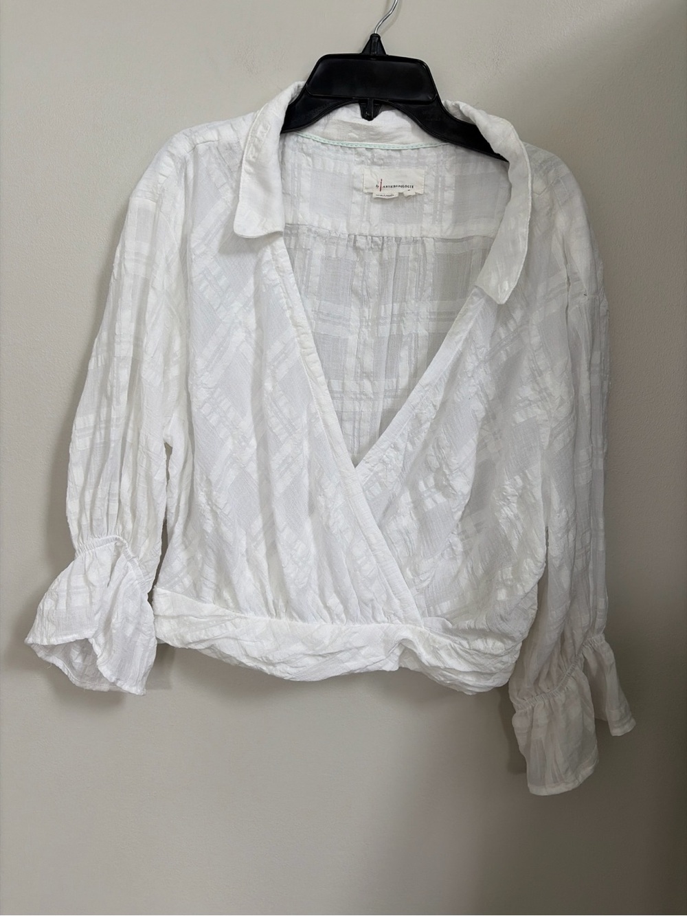 Anthropologie White Wrap Collared Blouse